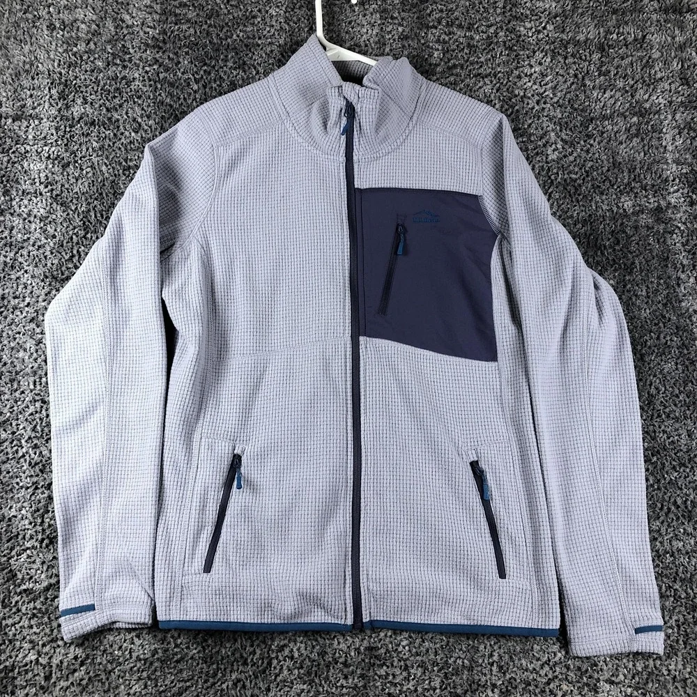 L.L. Bean Jacket Mens Medium Gray Fleece Full Zip Grid Check Hiking‎ Outdoor